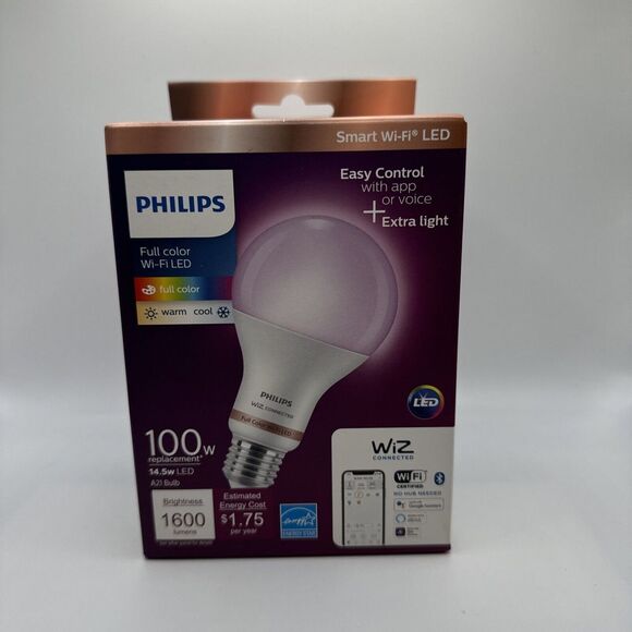 Phillips Wiz 100W Dimmable‎ Smart WiFi LED Bulb Full Color & White 1600 Lumens - Picture 1 of 6